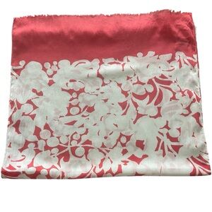 J Crew Coral & White Floral Print Scarf - Lightweight Fringe Edge Wrap